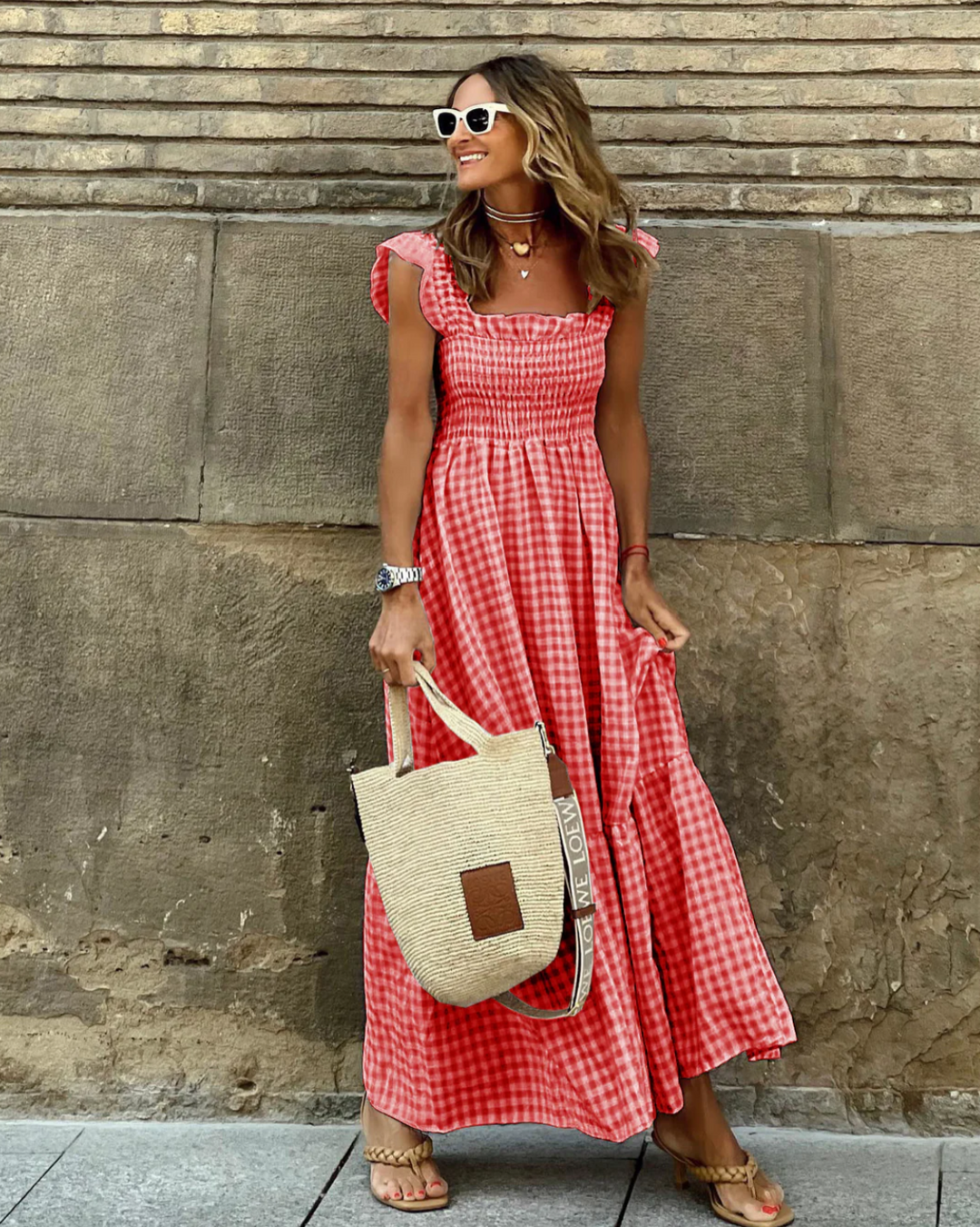 Elodie Summer Smocked Gingham Maxi Dress with Ruffle Sleeves