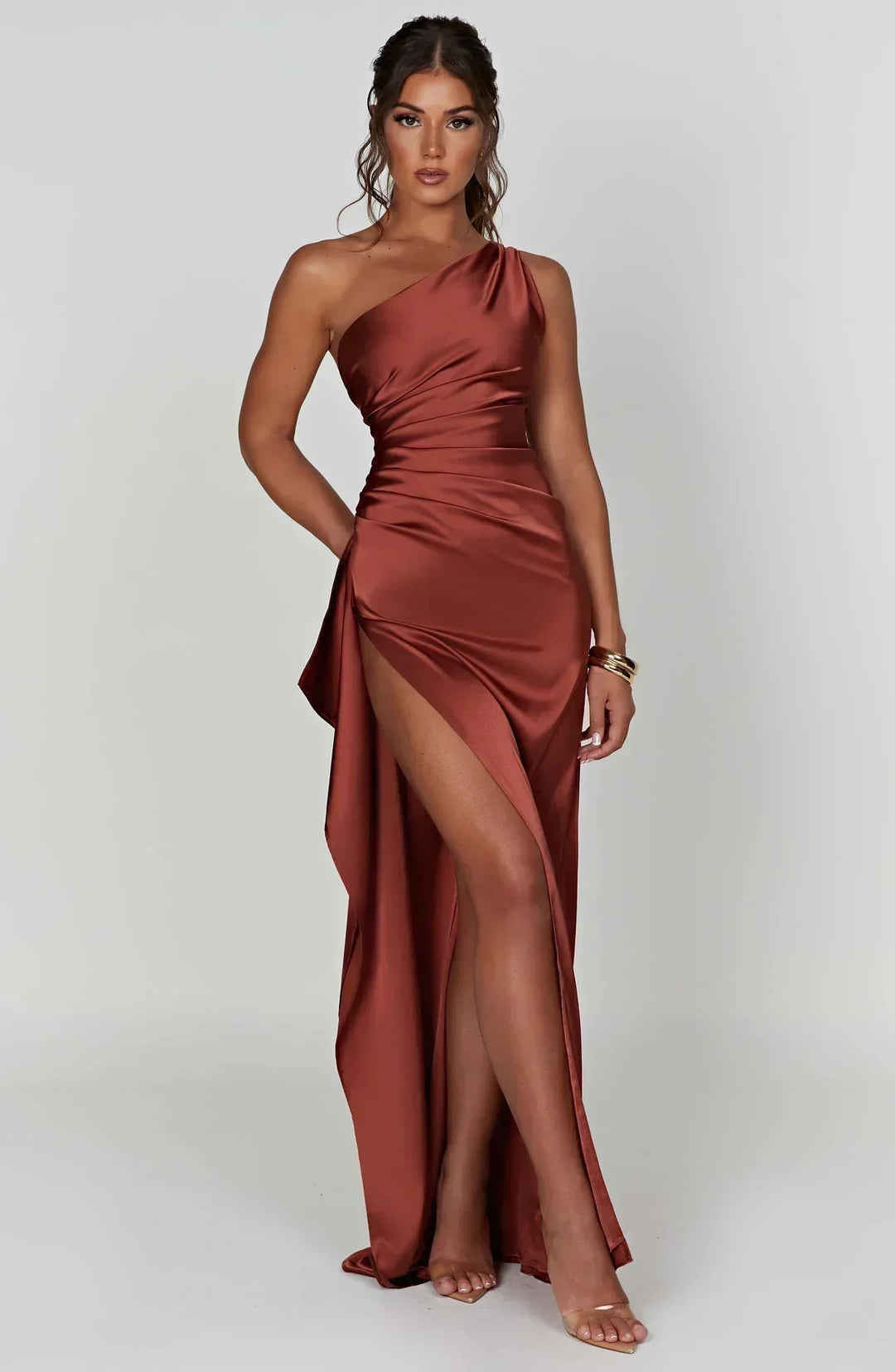 One-Shoulder Maxi Evening Dress with High Slit