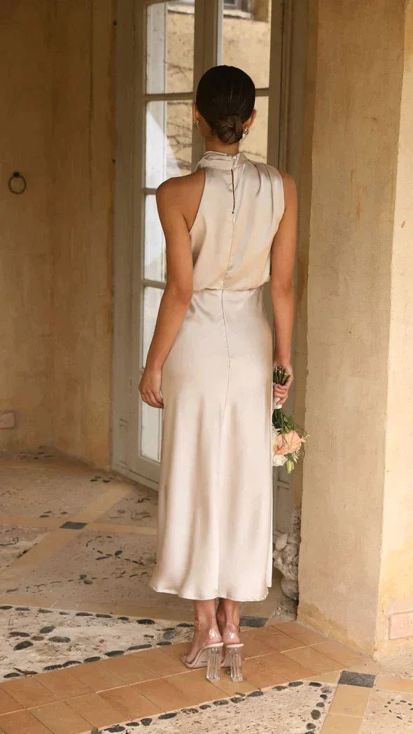 Johanna Elegant Halter Midi Dress with Draped Neckline
