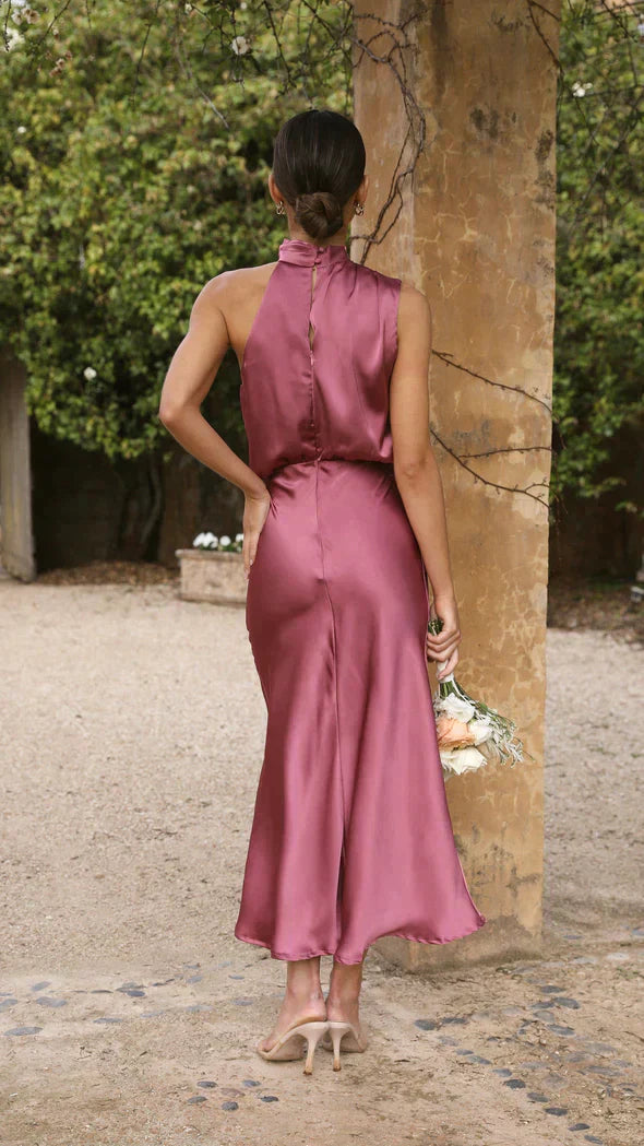 Johanna Elegant Halter Midi Dress with Draped Neckline
