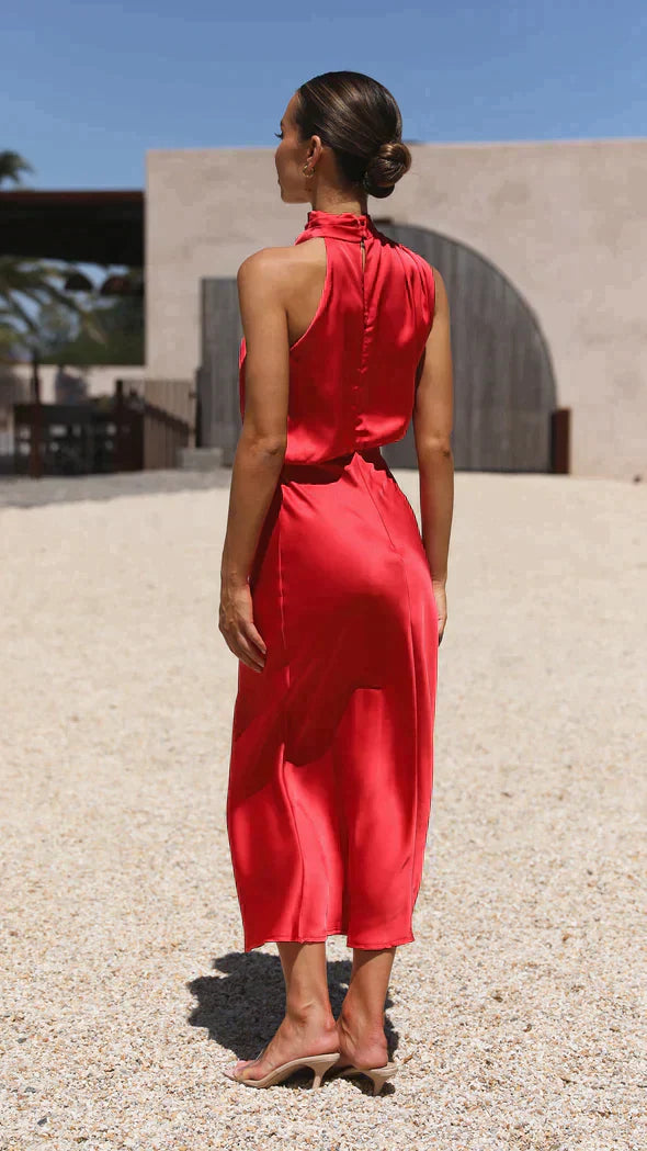 Johanna Elegant Halter Midi Dress with Draped Neckline