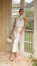 Johanna Elegant Halter Midi Dress with Draped Neckline