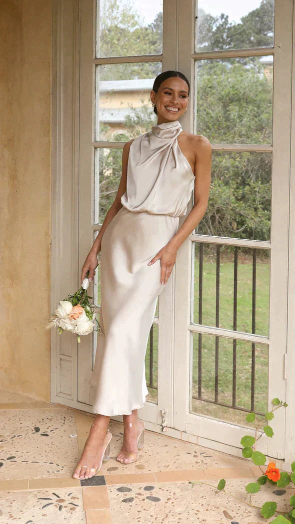 Johanna Elegant Halter Midi Dress with Draped Neckline