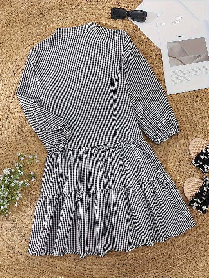 Gingham Striped Button-Down Summer Dress with Puff Sleeves