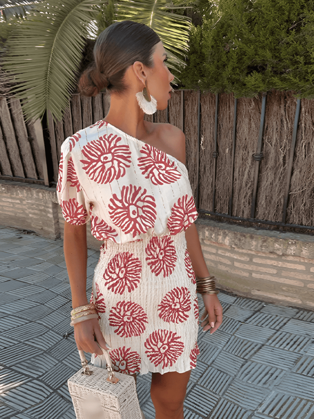 One-Shoulder Printed Summer Mini Dress with Elastic Waist