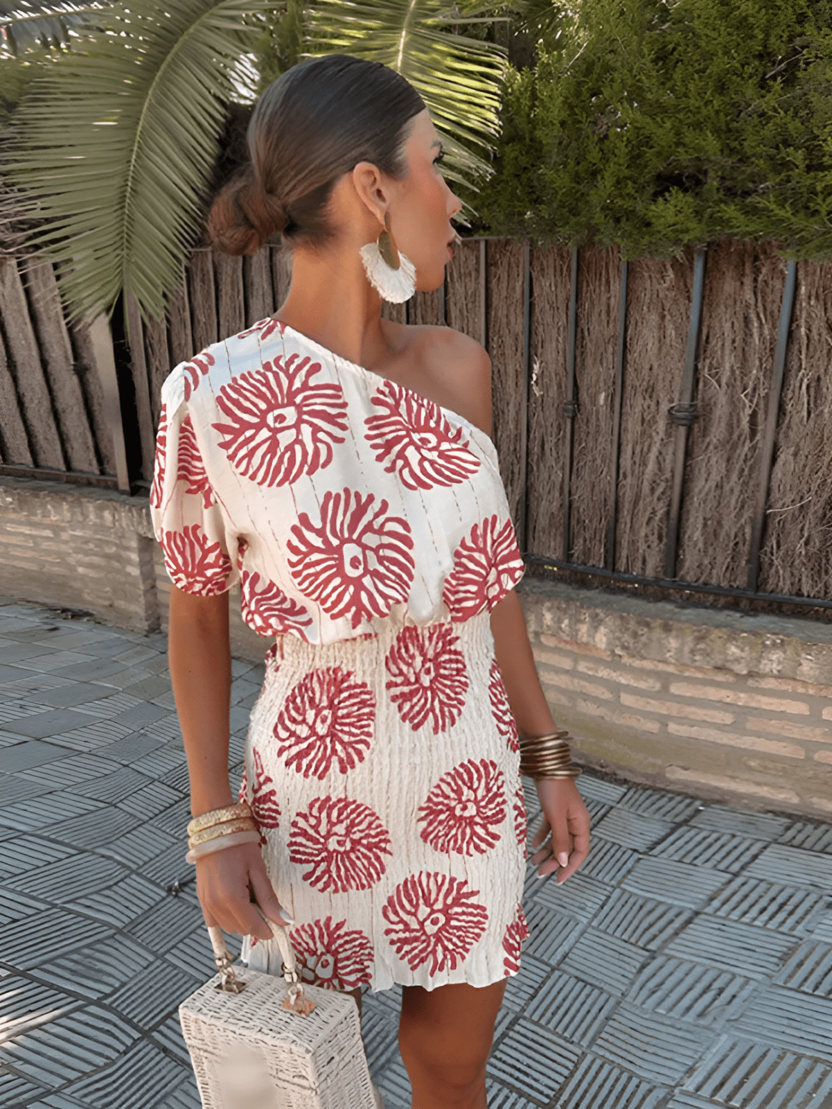 One-Shoulder Printed Summer Mini Dress with Elastic Waist