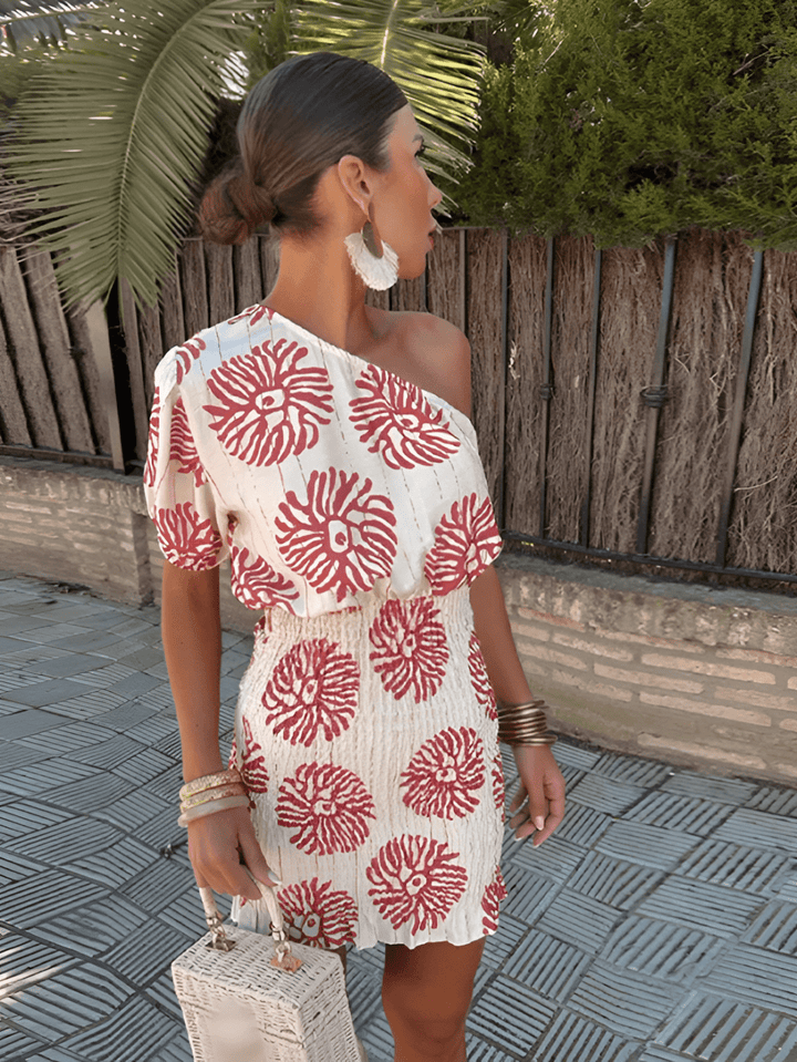 One-Shoulder Printed Summer Mini Dress with Elastic Waist