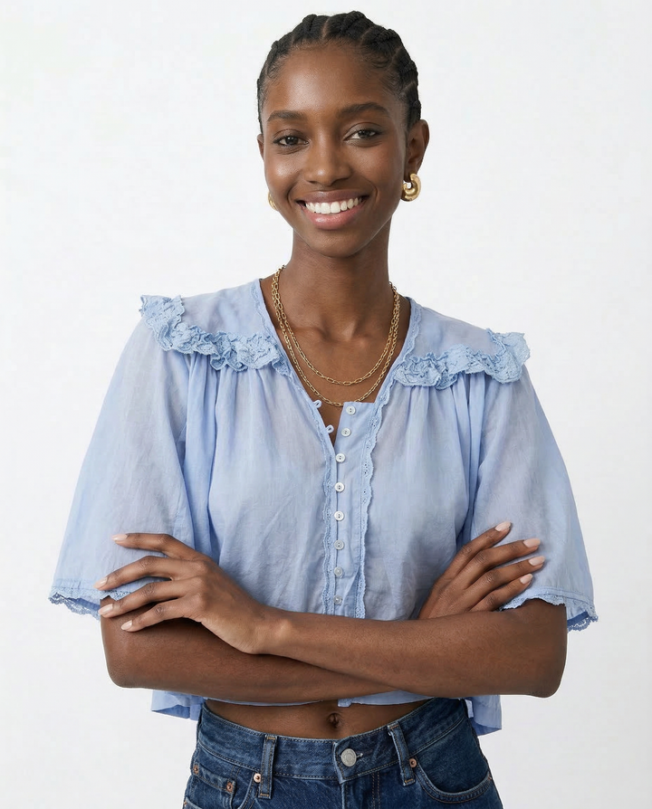 Elowira Lace Trim Ruffle Blouse