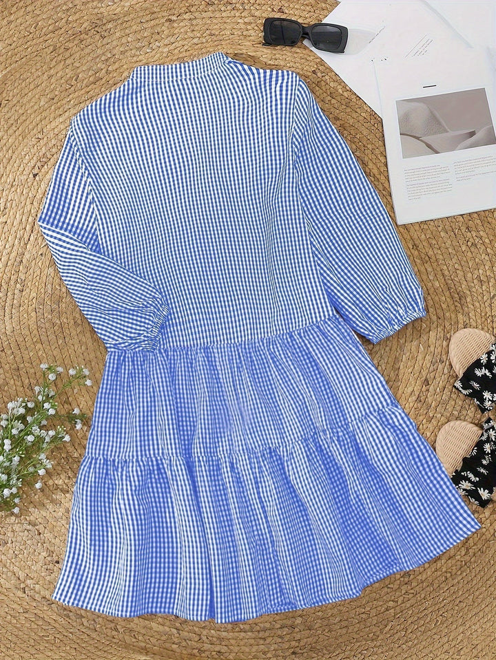 Gingham Striped Button-Down Summer Dress with Puff Sleeves