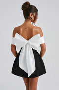 Black & White Off-Shoulder Mini Dress with Bow Detail