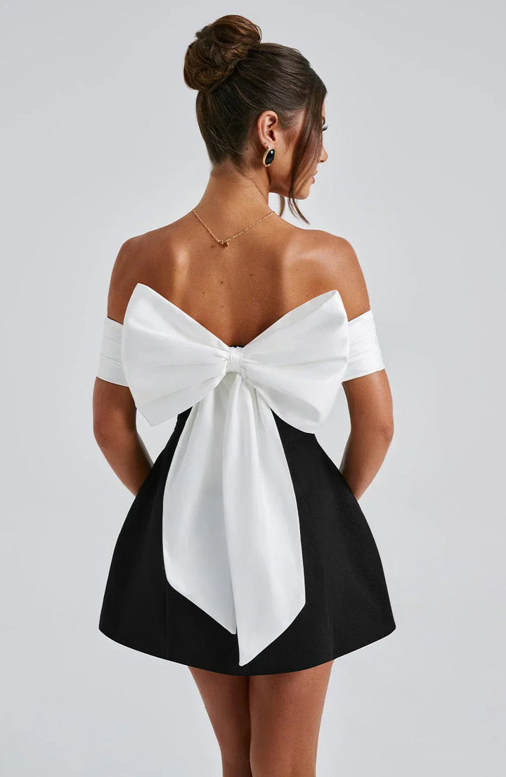 Black & White Off-Shoulder Mini Dress with Bow Detail