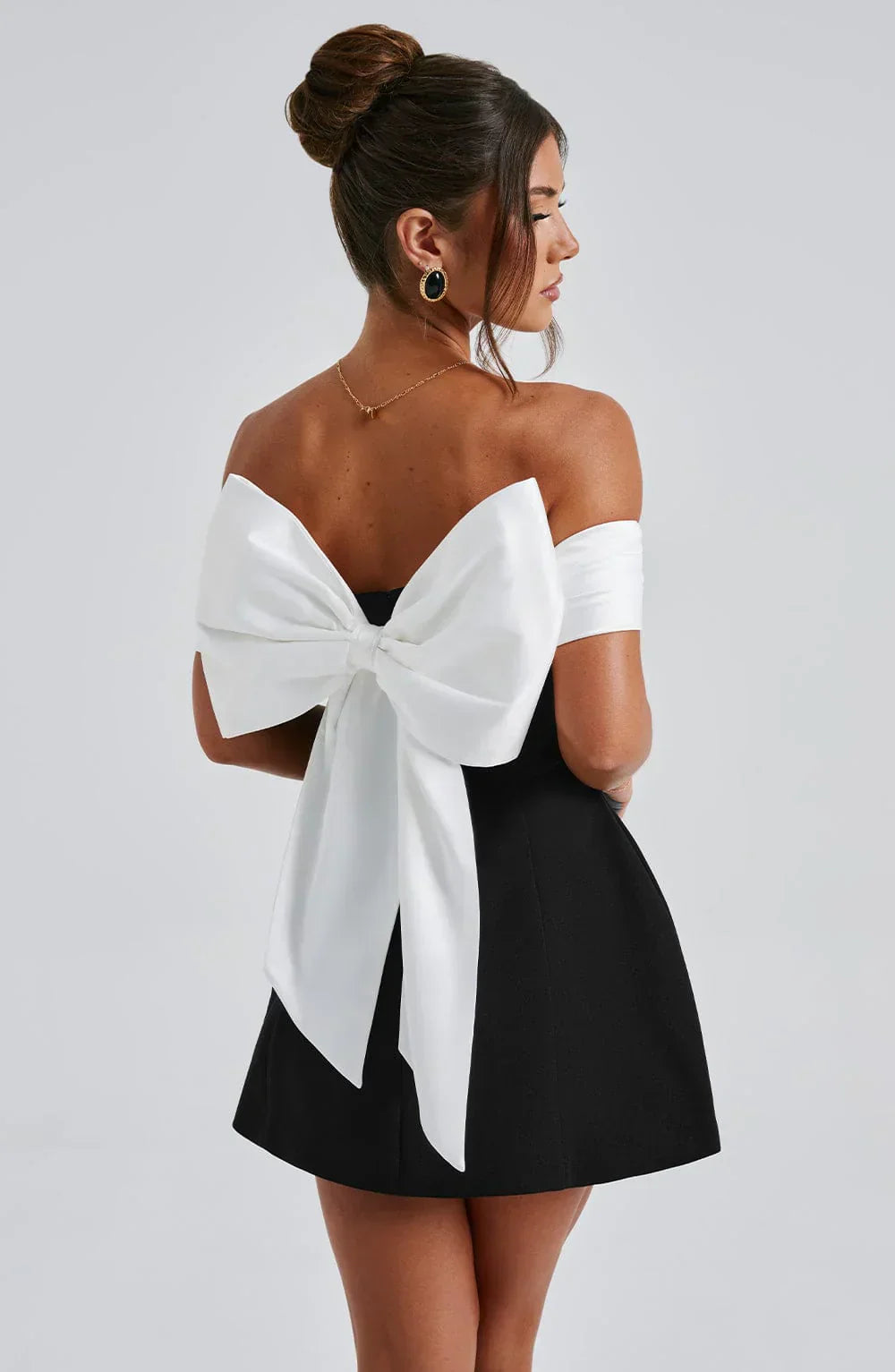Black & White Off-Shoulder Mini Dress with Bow Detail