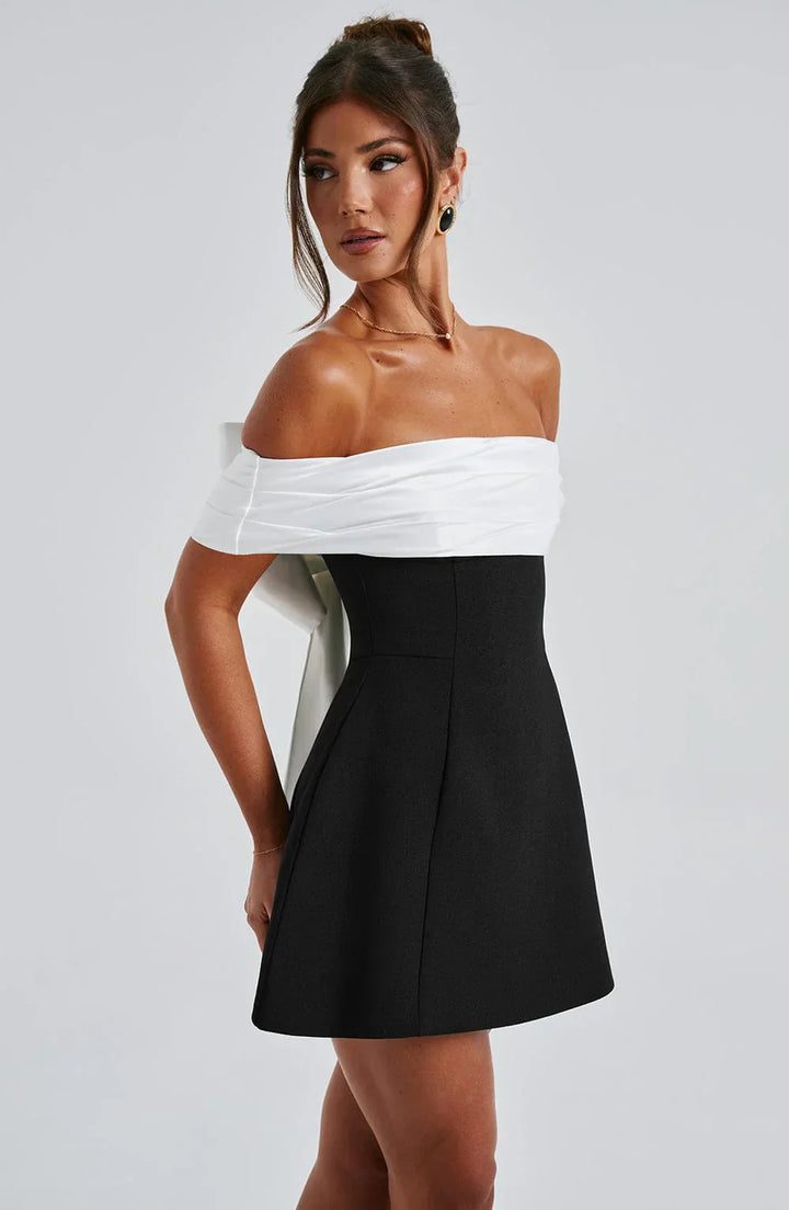 Black & White Off-Shoulder Mini Dress with Bow Detail