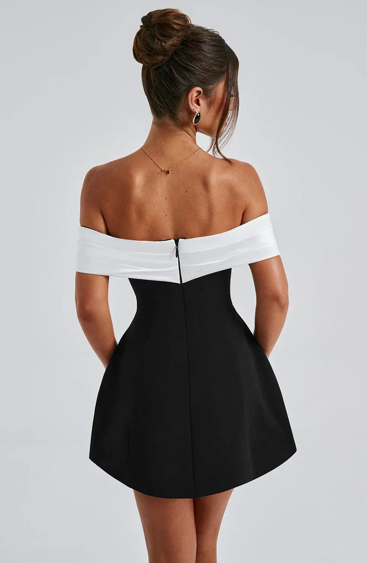 Black & White Off-Shoulder Mini Dress with Bow Detail