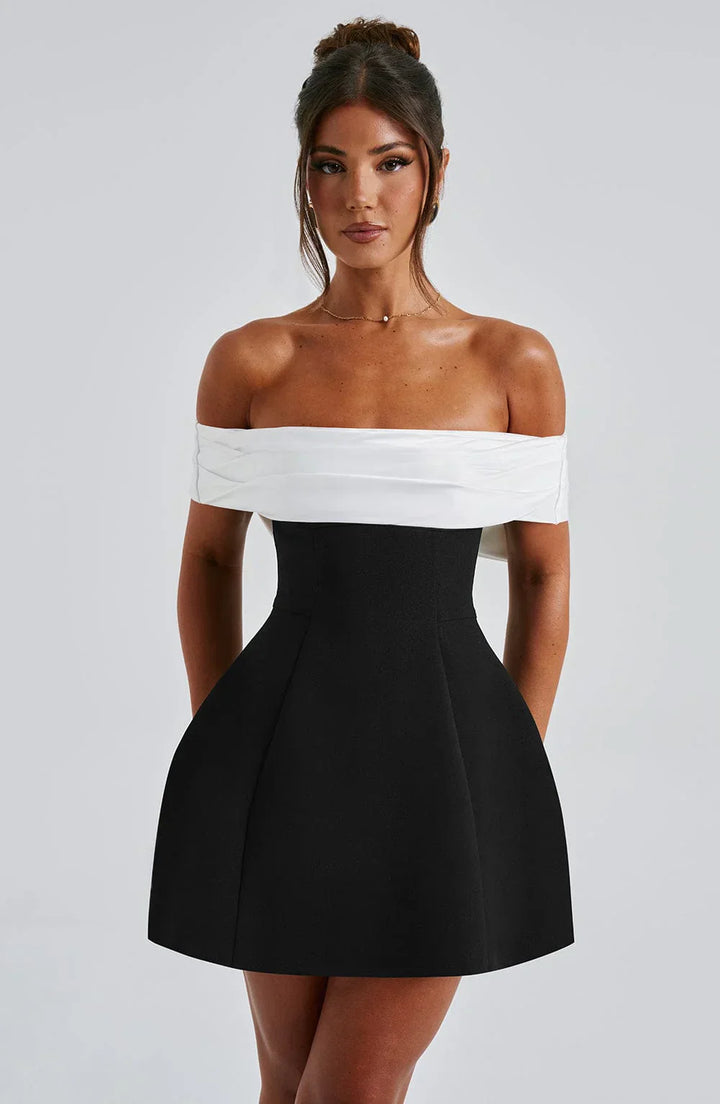 Black & White Off-Shoulder Mini Dress with Bow Detail