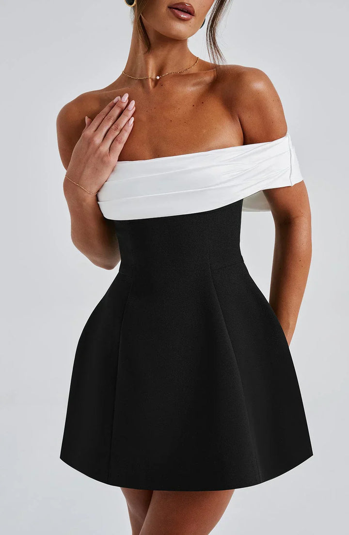 Black & White Off-Shoulder Mini Dress with Bow Detail