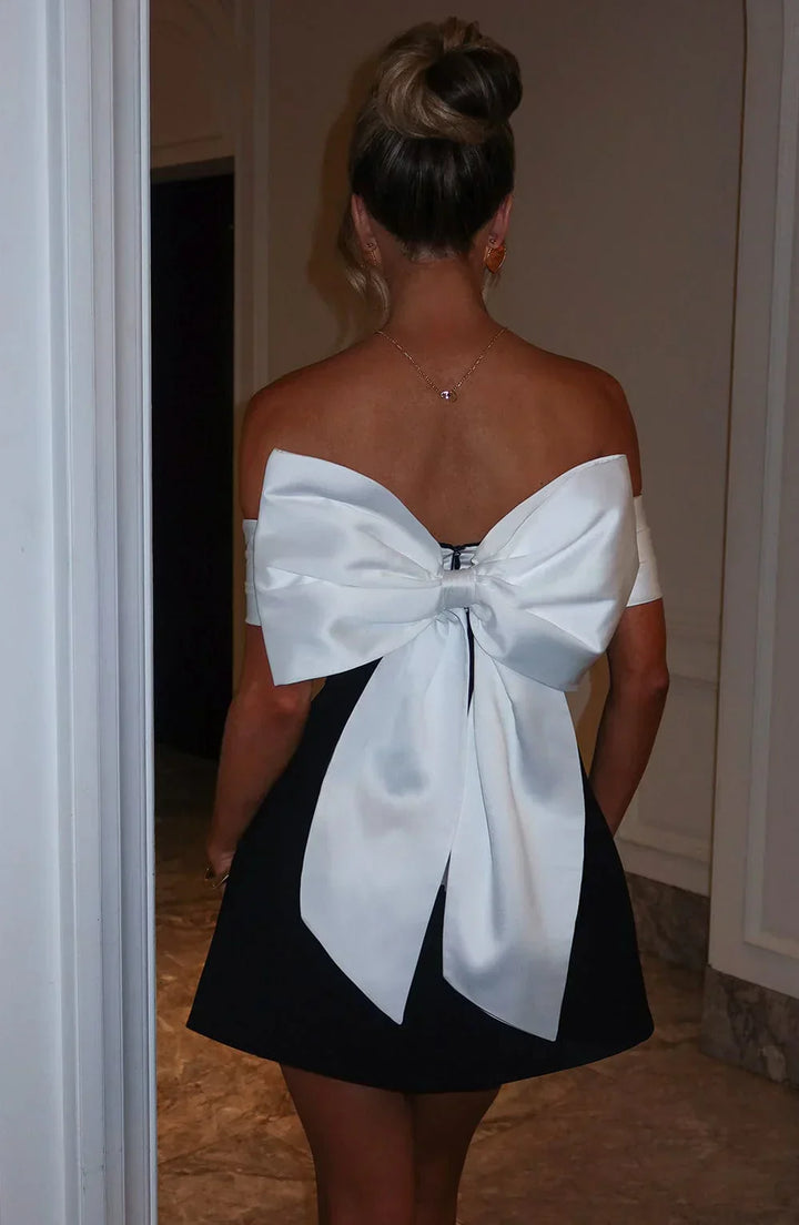 Black & White Off-Shoulder Mini Dress with Bow Detail