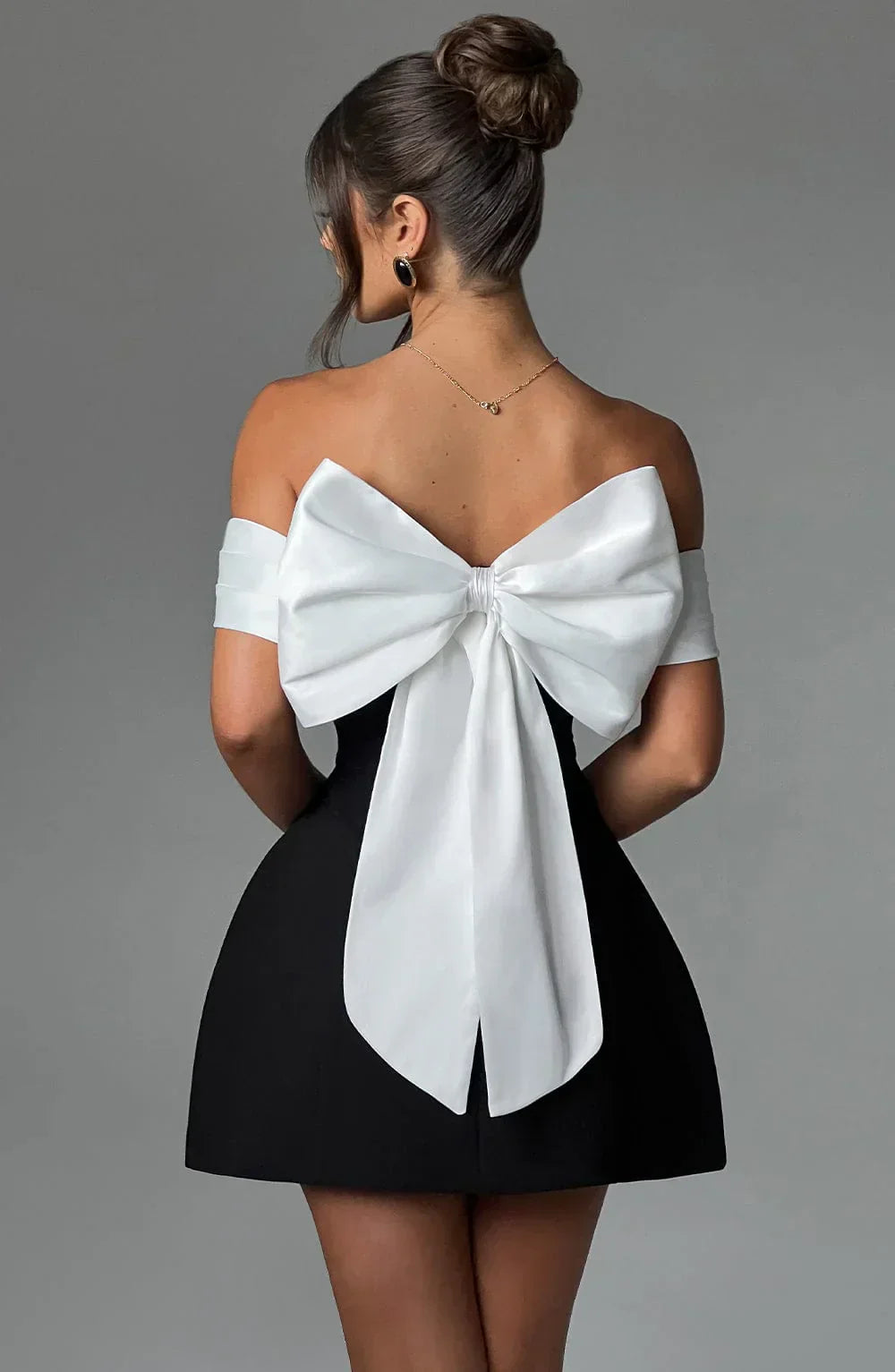 Black & White Off-Shoulder Mini Dress with Bow Detail