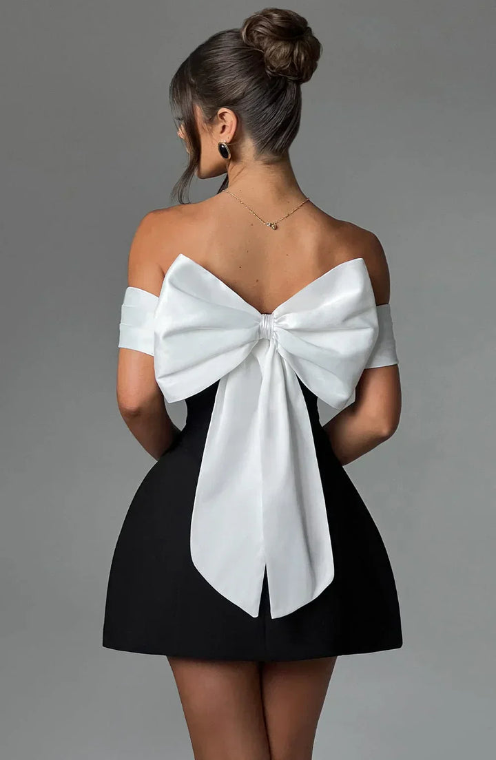 Black & White Off-Shoulder Mini Dress with Bow Detail