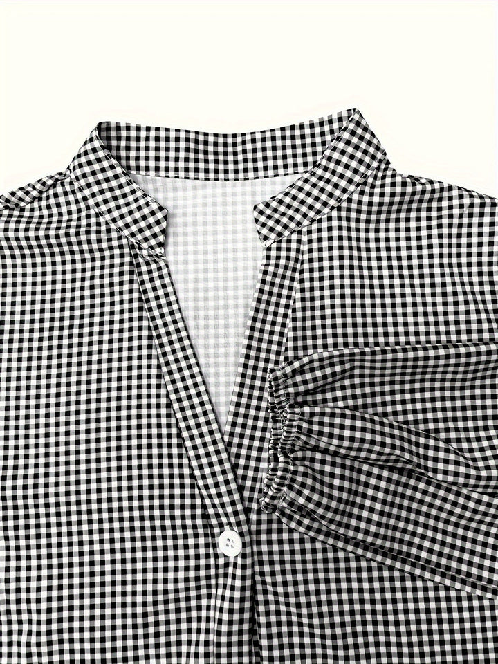 Gingham Striped Button-Down Summer Dress with Puff Sleeves