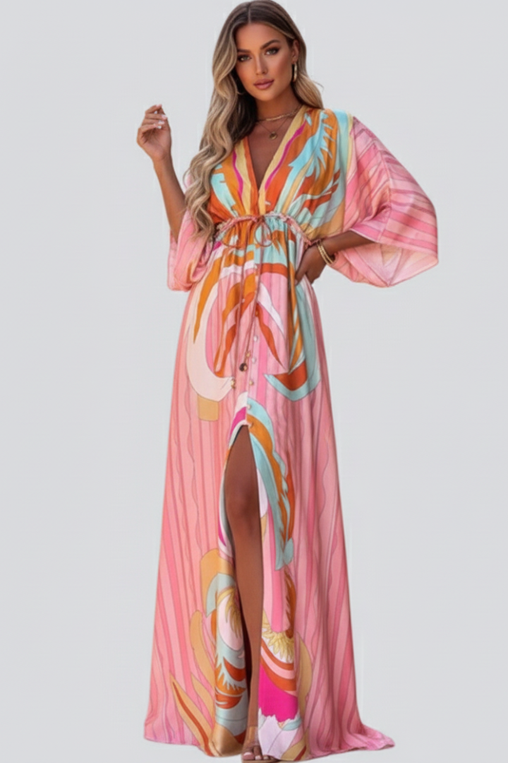 Madeline Printed V-Neck Belted Maxi Dress