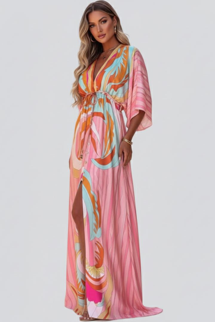 Madeline Printed V-Neck Belted Maxi Dress