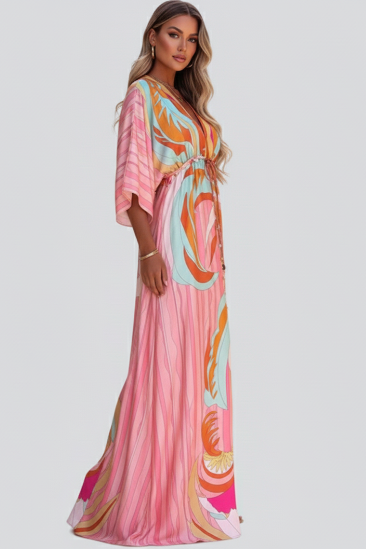 Madeline Printed V-Neck Belted Maxi Dress