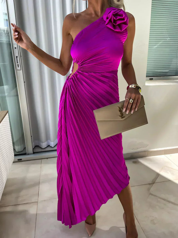 Serena Elegant Shoulder Pleated Dress