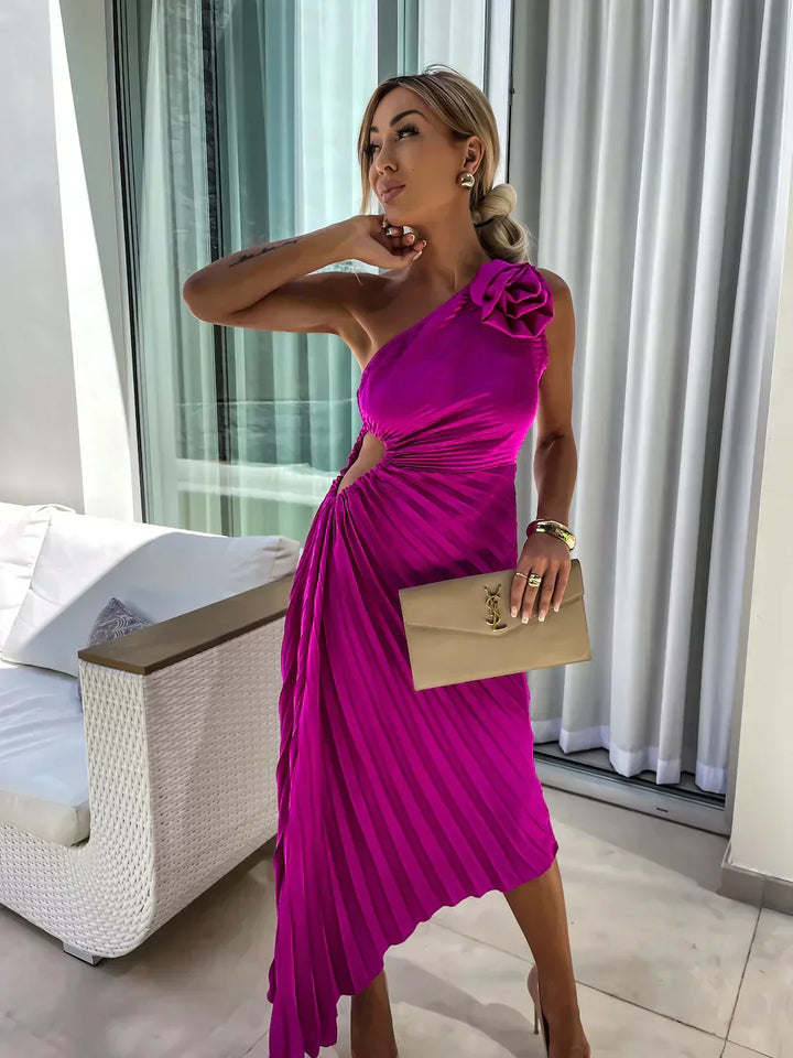Serena Elegant Shoulder Pleated Dress