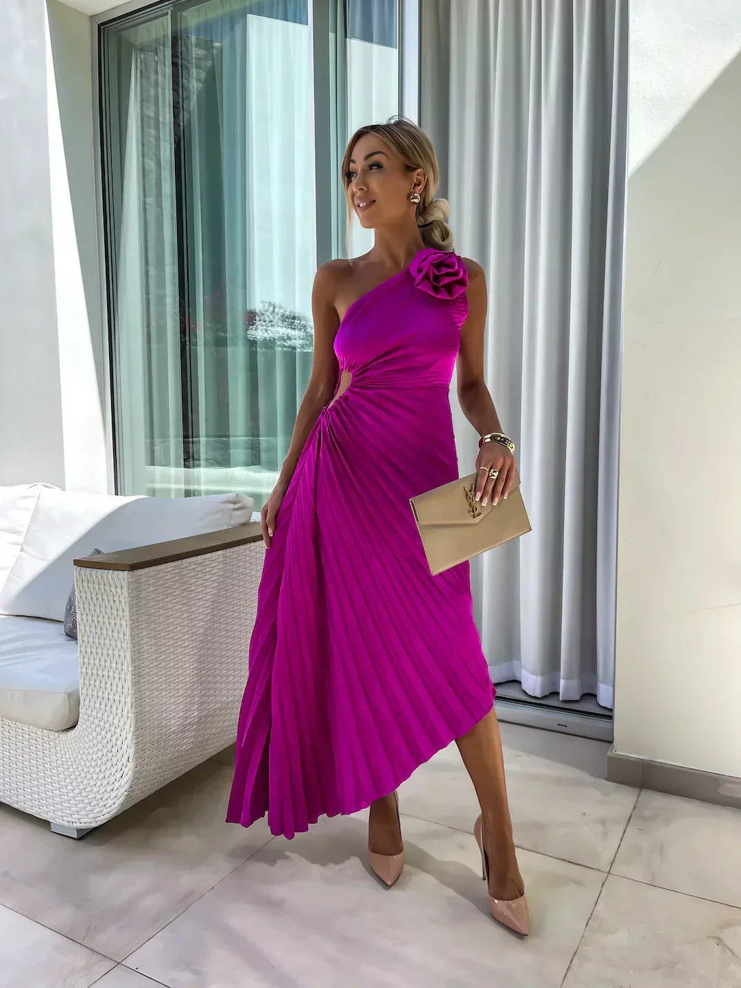 Serena Elegant Shoulder Pleated Dress