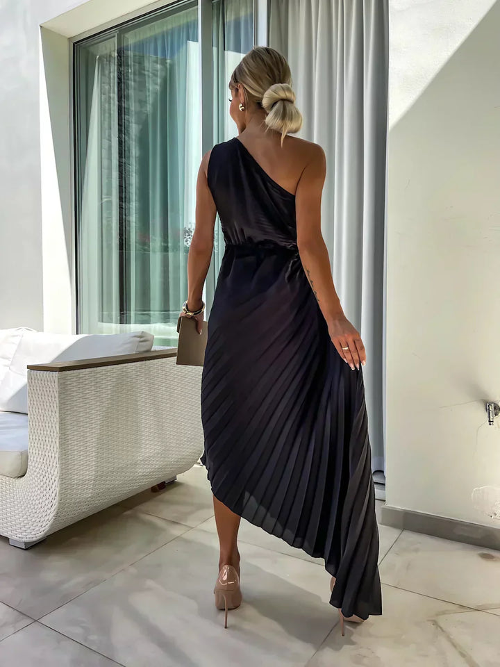 Serena Elegant Shoulder Pleated Dress