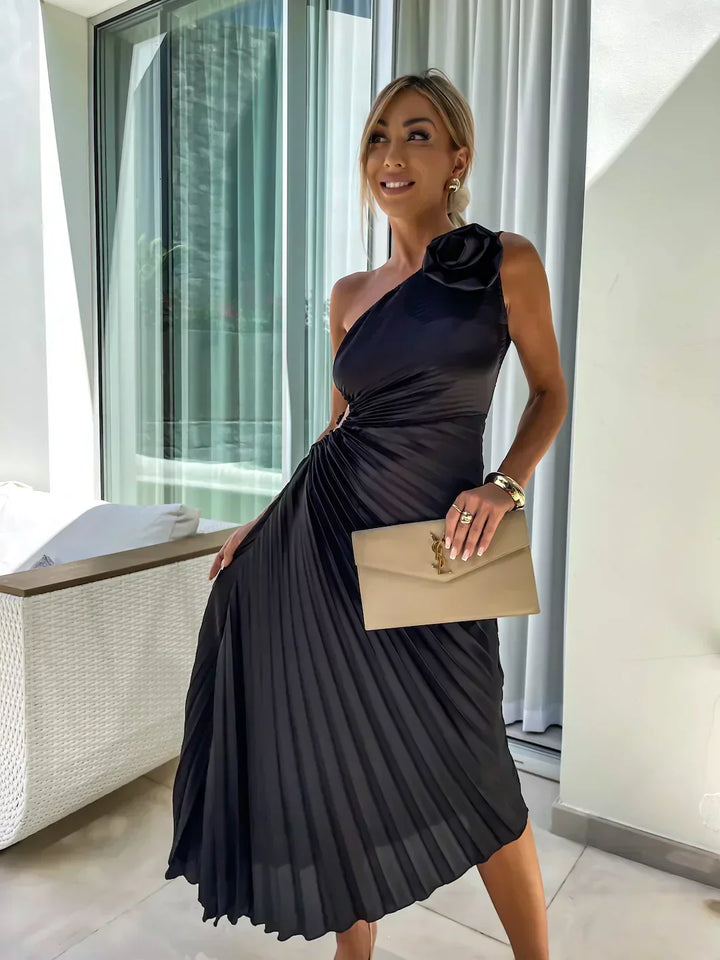 Serena Elegant Shoulder Pleated Dress