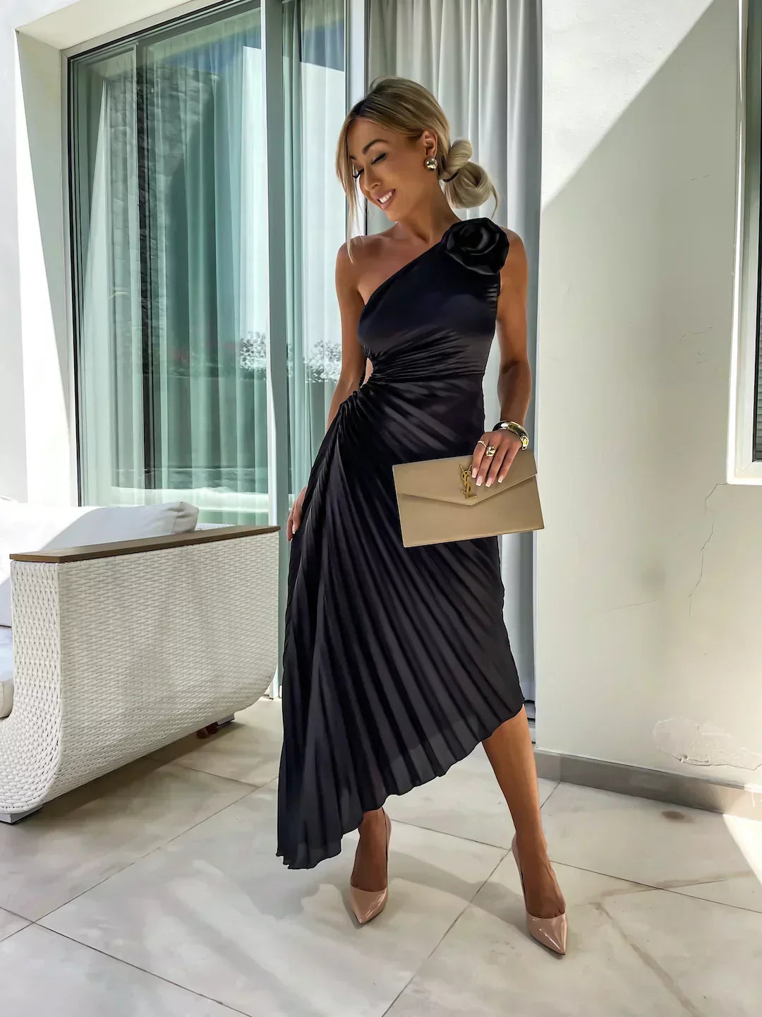 Serena Elegant Shoulder Pleated Dress