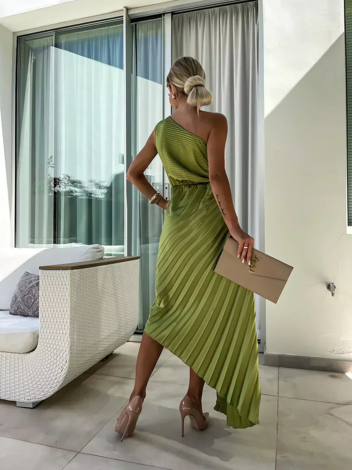 Serena Elegant Shoulder Pleated Dress
