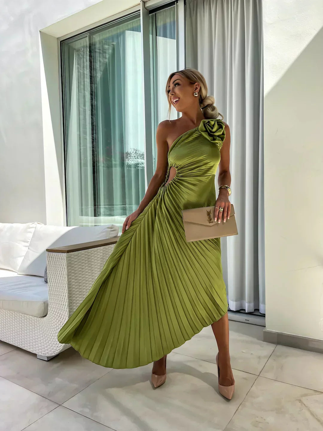 Serena Elegant Shoulder Pleated Dress