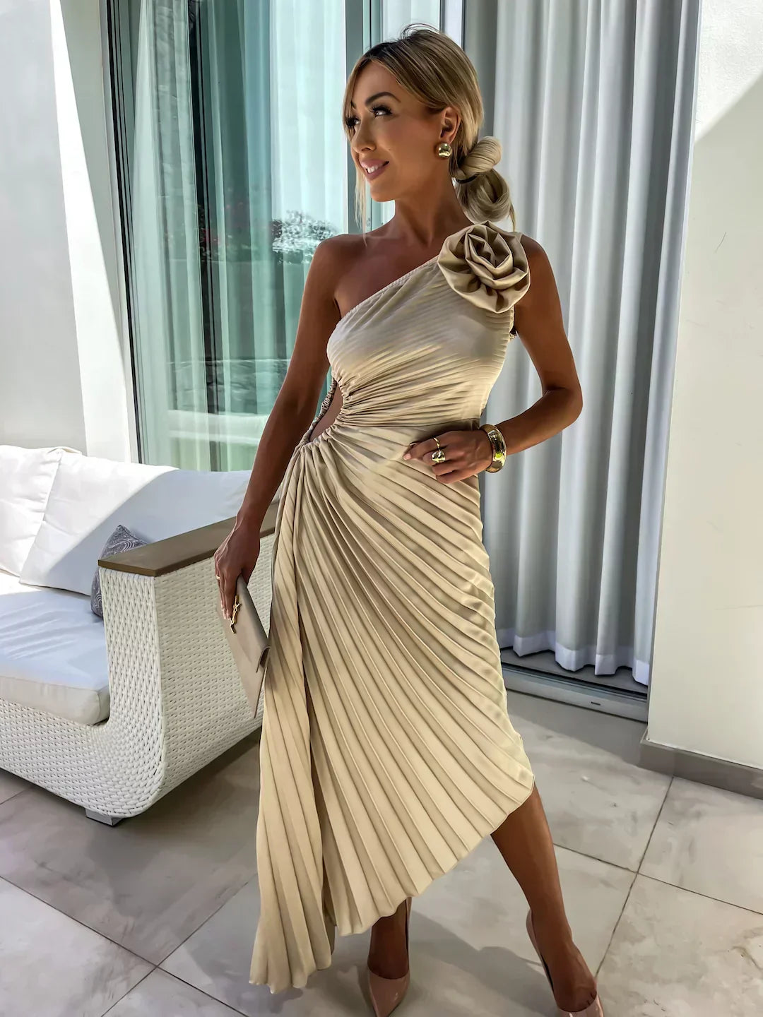Serena Elegant Shoulder Pleated Dress