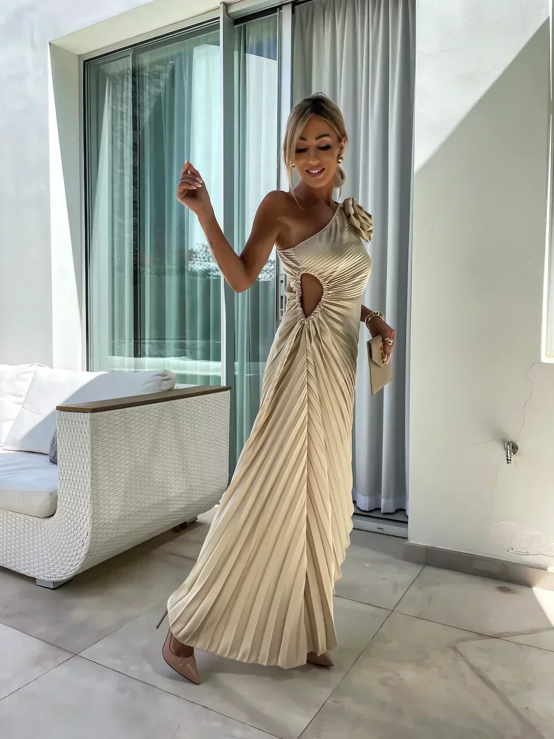 Serena Elegant Shoulder Pleated Dress