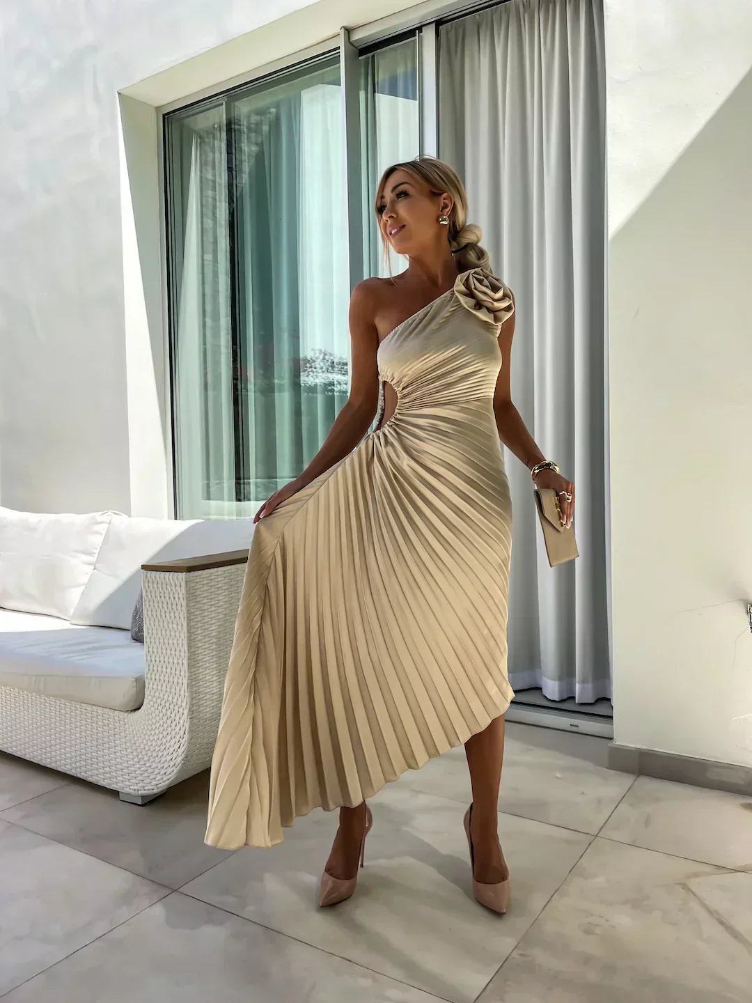 Serena Elegant Shoulder Pleated Dress