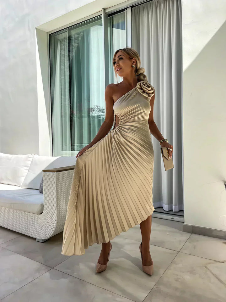 Serena Elegant Shoulder Pleated Dress