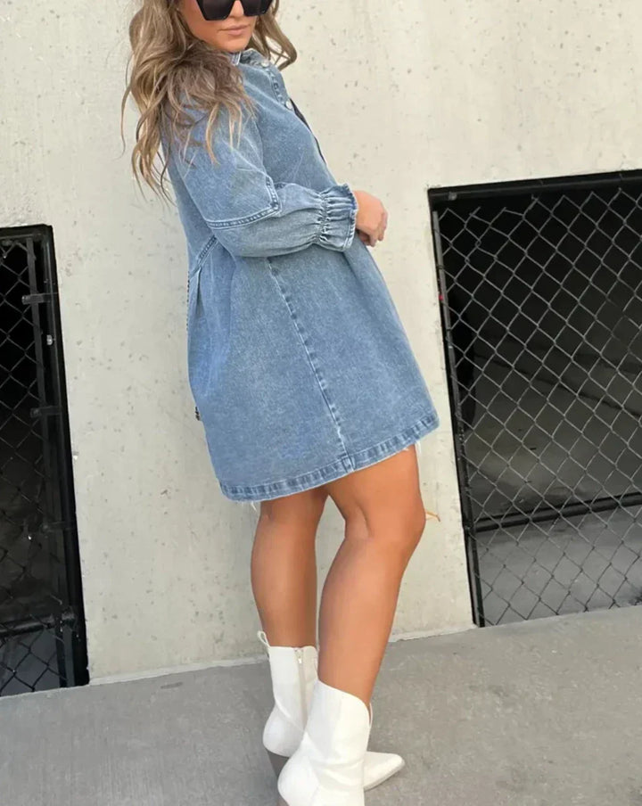 Button-Down Denim Dress with Ruffle Sleeves
