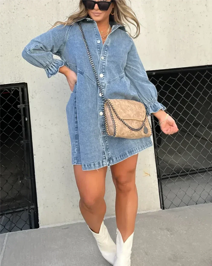 Button-Down Denim Dress with Ruffle Sleeves