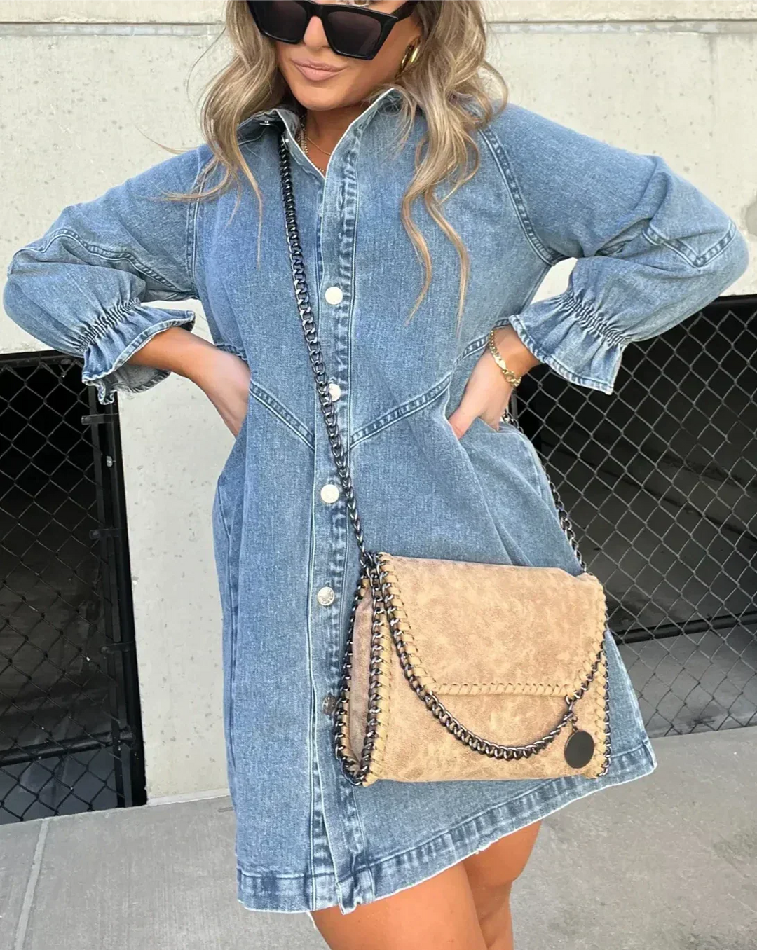 Button-Down Denim Dress with Ruffle Sleeves