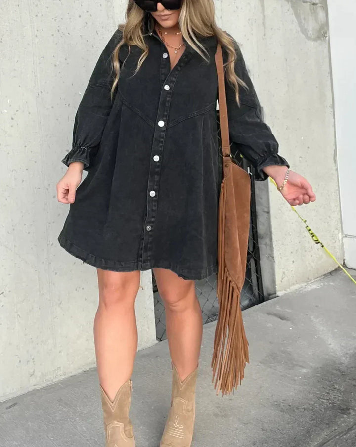 Button-Down Denim Dress with Ruffle Sleeves