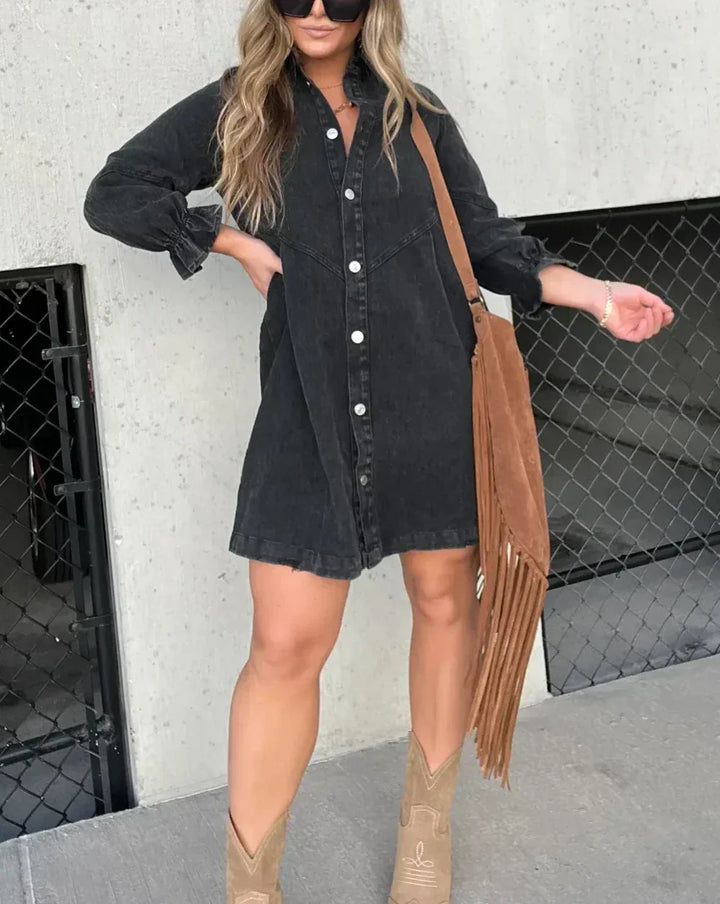 Button-Down Denim Dress with Ruffle Sleeves