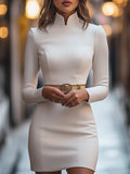 White Mandarin Collar Dress | Belted Waist | Elegant Midi Fit